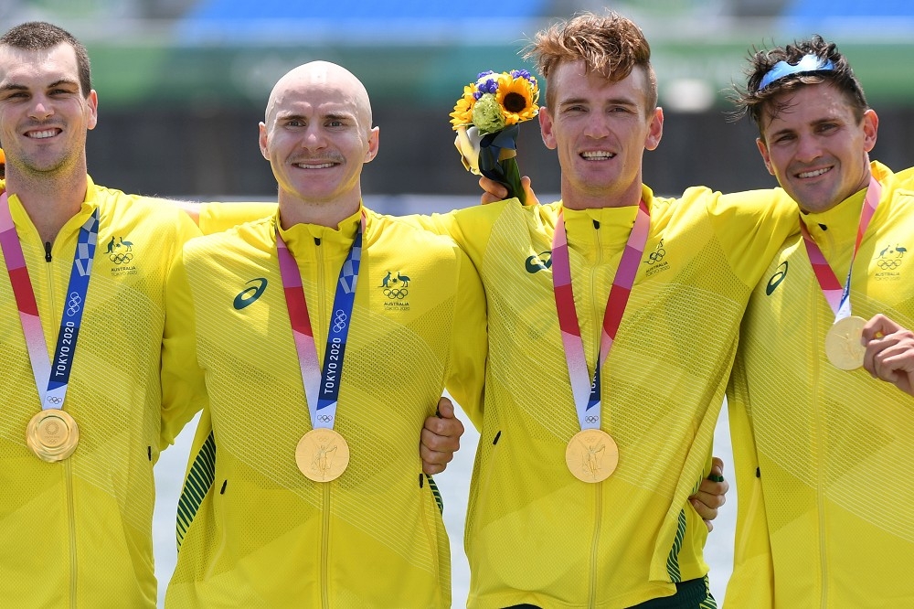 澳洲男子代表隊贏得四人單槳無舵手金牌，終結英國五連勝紀錄。（湯森路透）