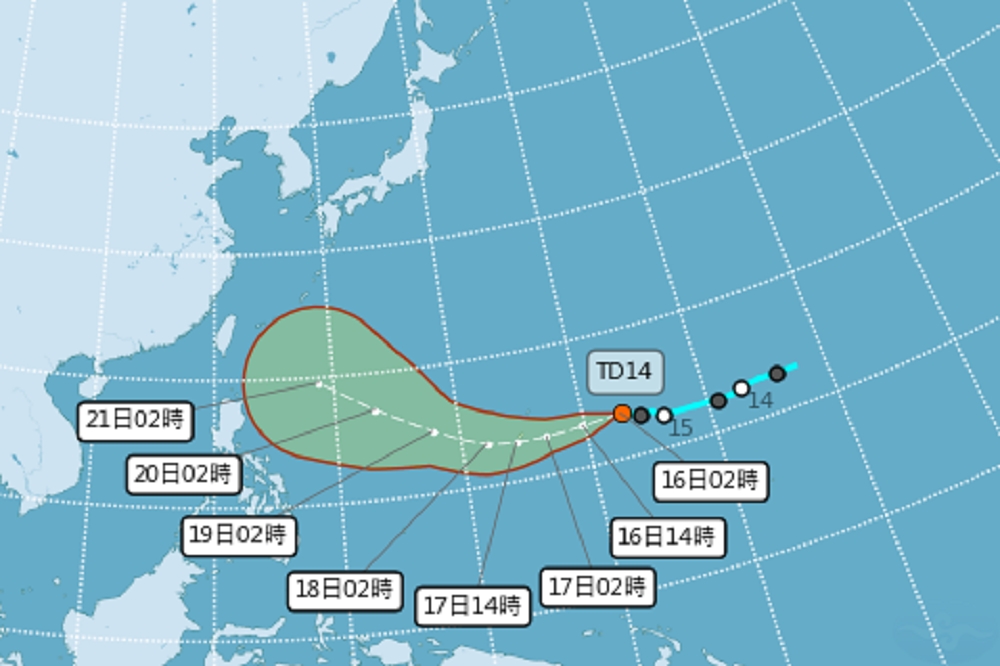 位於關島東方海面的熱帶性低氣壓，預估最快17日就會增強為2021年第12號颱風「奧麥斯」。（取自中央氣象局）