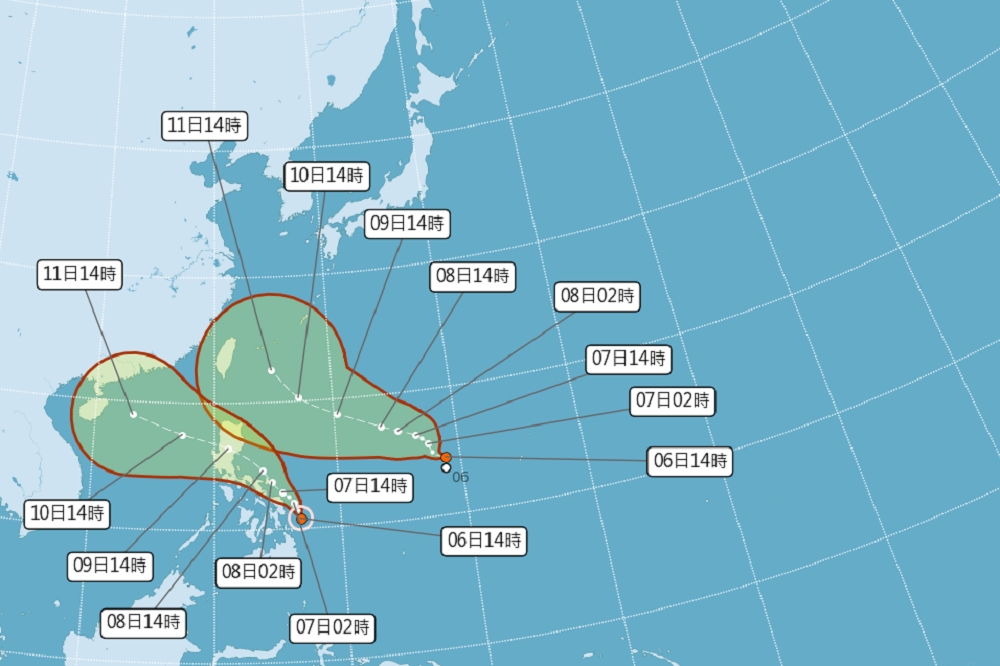熱帶性低氣壓已於6日下午2點生成為今年第13號輕度颱風「康森」，圖為路徑預報。（取自中央氣象局官網）