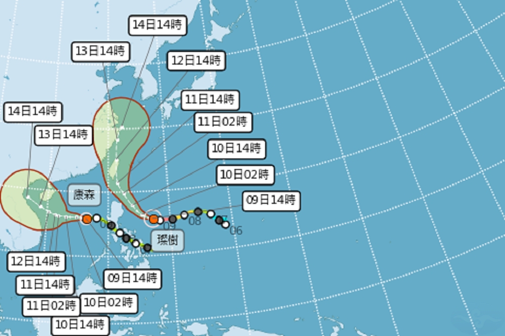 氣象局表示，強颱「璨樹」往北修正路徑，預測將從東部沿海登陸台灣。（取自中央氣象局）