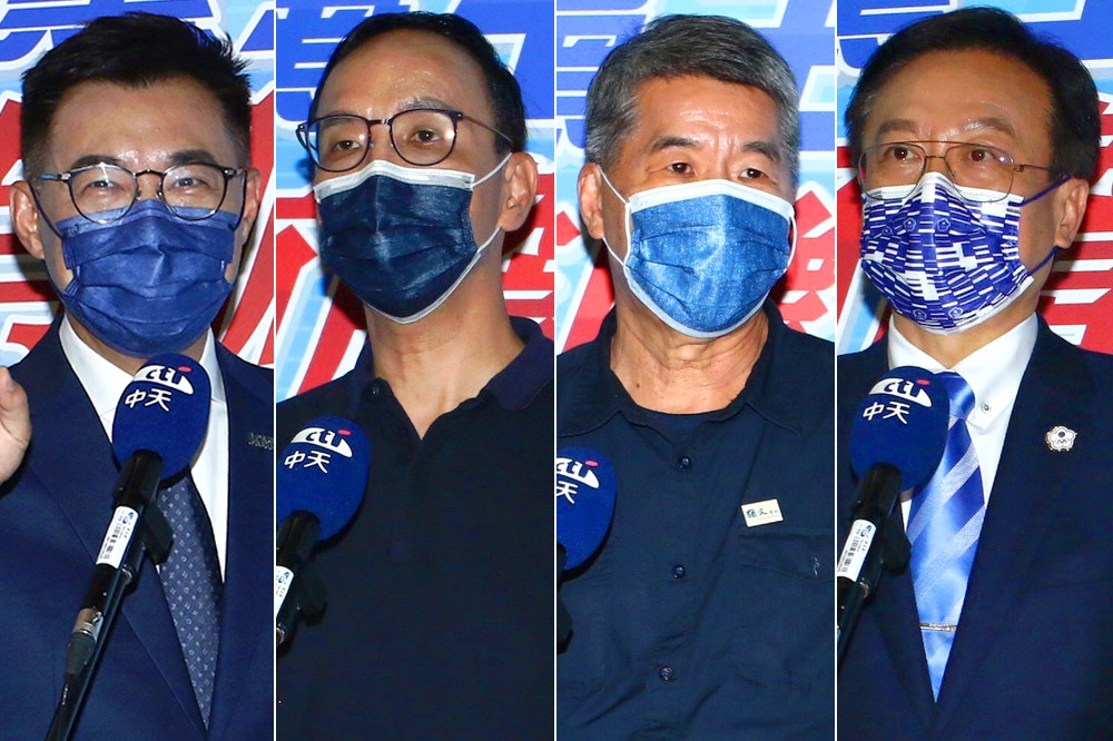 國民黨主席4位候選人江啟臣（左起）、朱立倫、張亞中、卓伯源18日參加直播辯論會，砲火四射。（合成畫面／王侑聖攝）