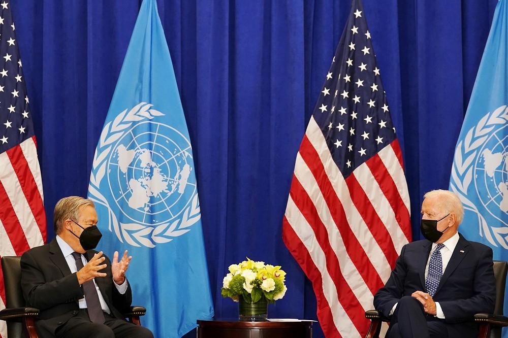 美國總統拜登和聯合國秘書長古特雷斯會談。（湯森路透）