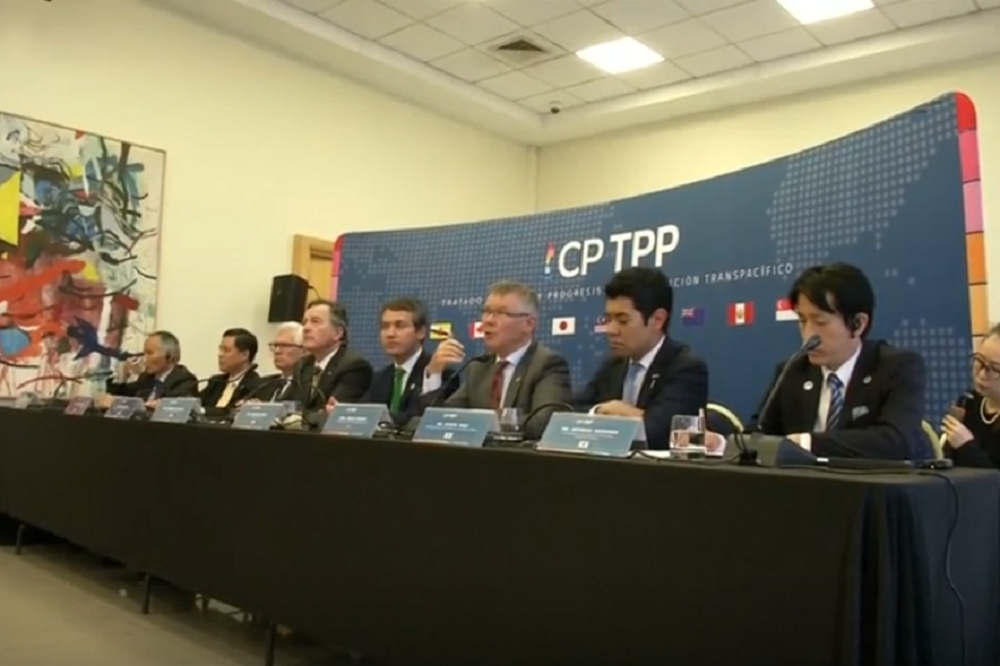 CPTPP成員國代表出席記者會。 （湯森路透）