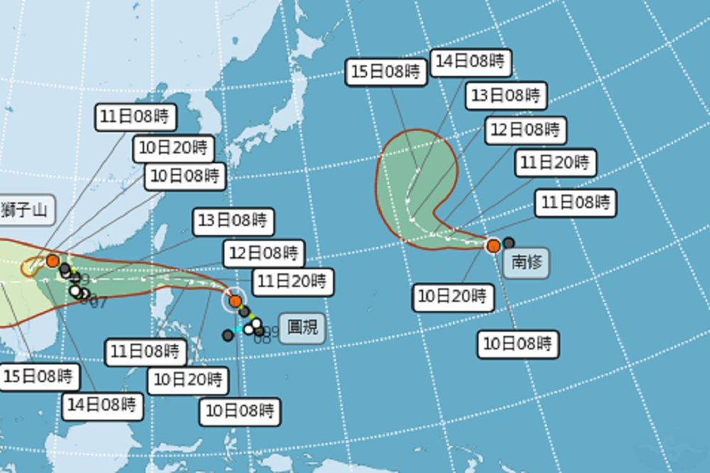 受「圓規」颱風外圍影響，10日晚上後北部將出現局部短暫陣雨。（取自中央氣象局）