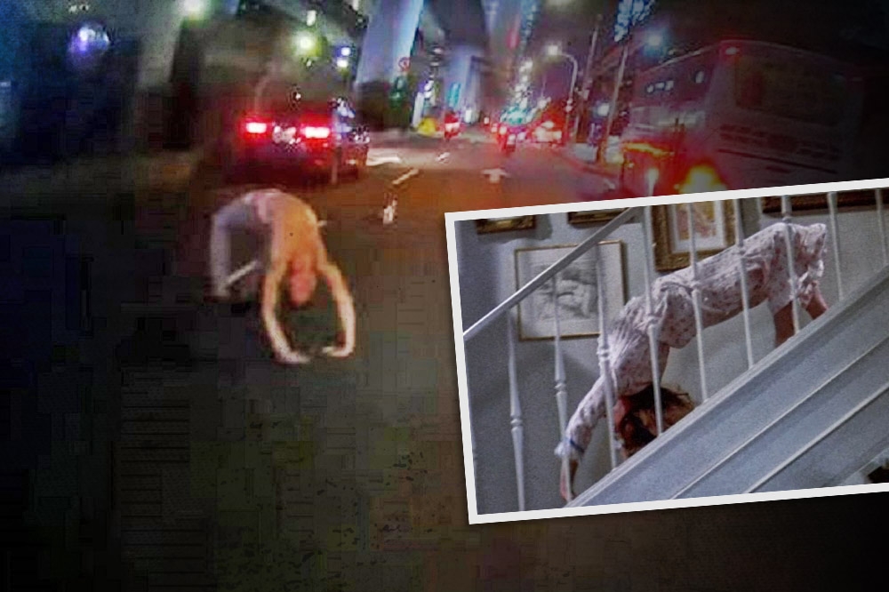 半裸男上演《大法師》在市民大道爬行，嚇壞騎士。（合成畫面／擷自WoWtchout - 地圖型行車影像分享平台YouTube、翻攝網路）