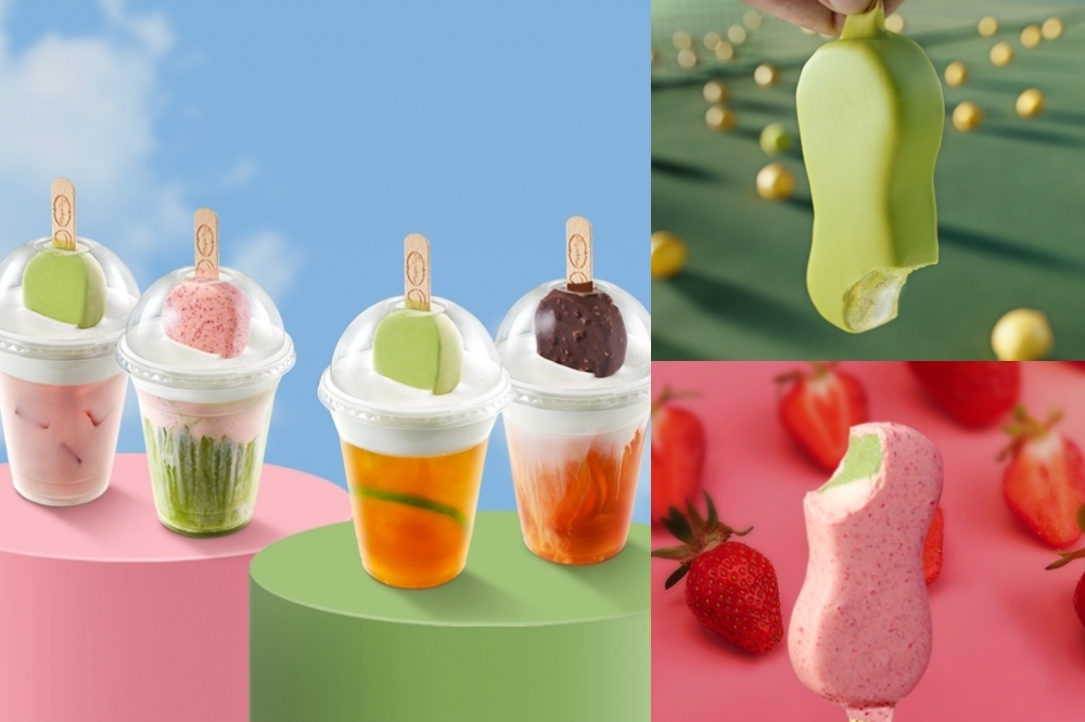 哈根達斯推出「檸檬抹茶脆皮雪糕」和「草莓抹茶脆皮雪糕」兩款新品 ，再搭配門市推出「脆皮雪糕Ｘ奶蓋飲品」的酷玩特調！（哈根達斯提供）