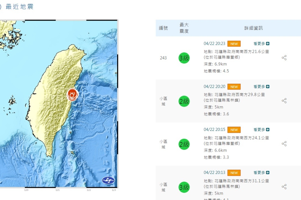 花蓮壽豐今天（22日）傍晚5點左右開始發生多起地震，至今晚間9點超過59起。（取自氣象署官網）