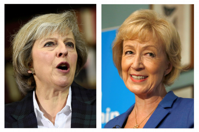 英國下任首相將由保守黨的梅伊（左）與莉德珊兩人進行黨內角逐。（湯森路透）