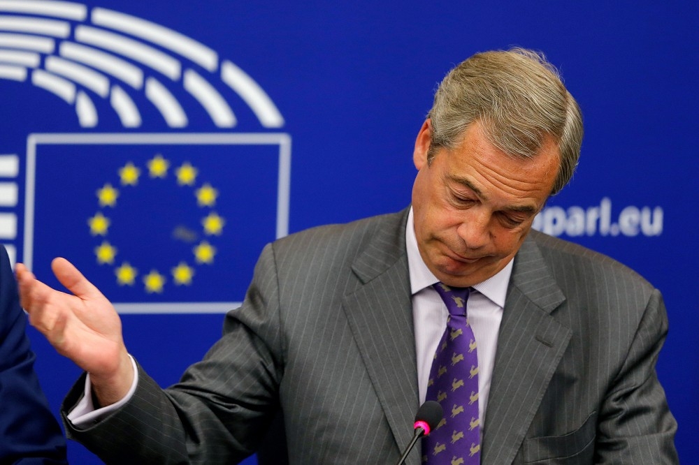 支持脫歐的英國獨立黨（UKIP）黨魁法拉吉於英國脫歐公投後，宣布辭去黨魁。（路透社）