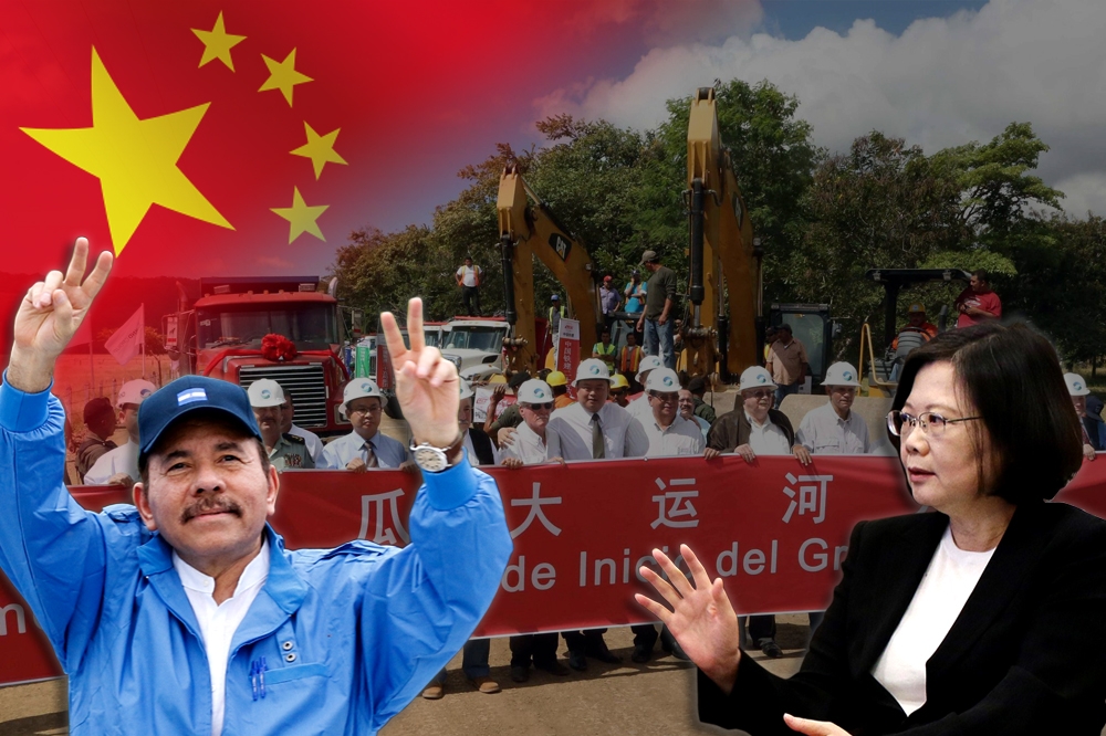 總統蔡英文（右）執政後，兩岸外交戰從拉丁美洲傳出警訊，我友邦尼加拉瓜與中國簽署興建水電站，尼國總統奧德嘉（左）更數度利用北京向台灣施壓。圖為中國富豪投資的尼加拉瓜大運河開工典禮。（合成影像）