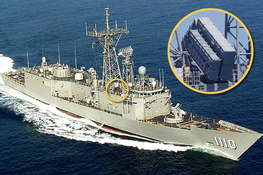 我海軍向美方購買兩艘派里級軍艦，目前正在美國進行接艦，但由於上層甲板未進行強化，因此未來這兩艘生力軍不會像其他同級軍艦一樣，裝有雄二及雄三反艦飛彈（黃圈處）。（翻攝自海軍網站）