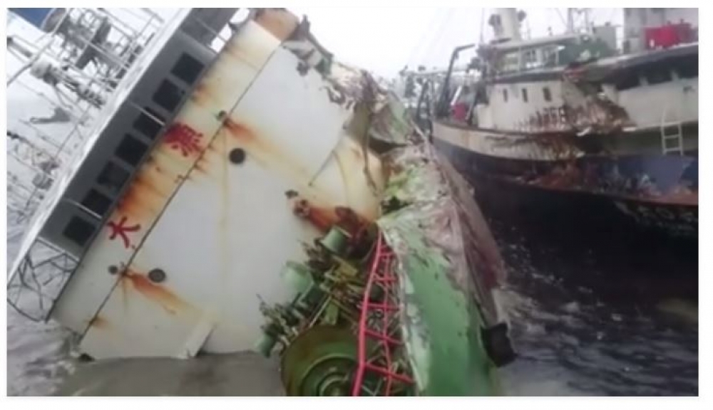 高雄西子灣4艘船舶疑似因受到颱風莫蘭蒂影響而相撞擱淺，漏油情況嚴重。（翻攝自漂浪島嶼臉書）