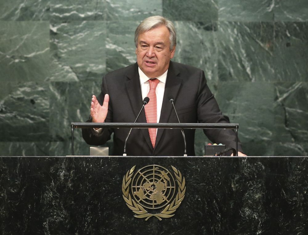 新任聯合國秘書長古特雷斯13日在聯合國總部發表演說。（美聯社）