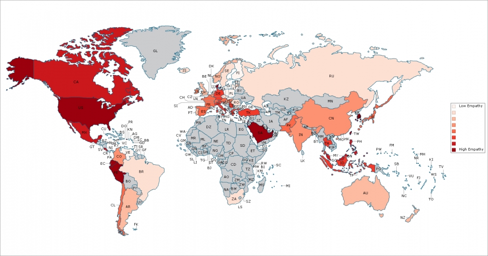 根據報告顯示，地圖中顏色較深的國家為有較高的同情心，顏色較淺的則同情心較低。（翻攝自Journal of Cross-cultural Psychology）