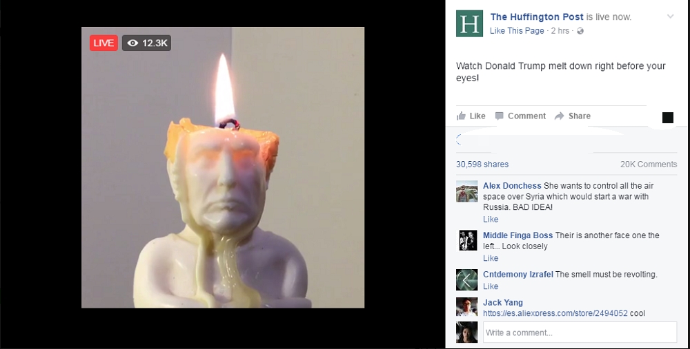 《哈芬登郵報》的臉書直播燒川普造型的蠟燭，目前有１萬多人同時觀看。（翻攝自臉書）