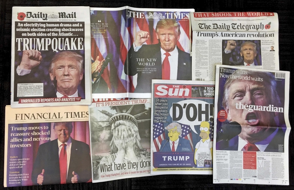 英國主要報紙報導川普當選美國總統新聞。（美聯社）