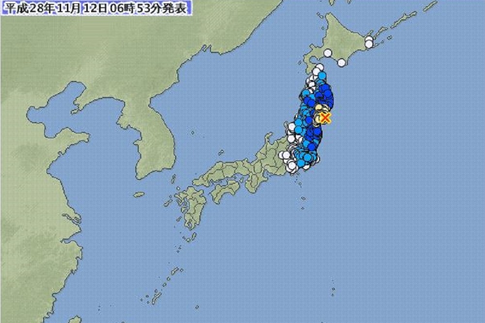 日本東北地區及台灣東部海域12日接連發生芮氏規模5以上地震，日本東京電力公司緊急檢測福島核電廠。（翻攝自日本氣象廳）
