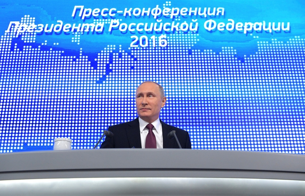 俄羅斯總統普京於2016年終記者會上。（湯森路透）