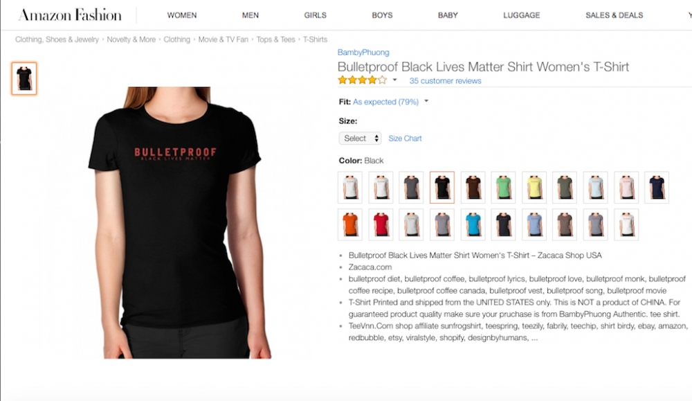 電子商務平台亞馬遜供第三方賣家販售一件標有「防彈衣：黑人的命也是命」字樣服飾，引發美國「警察同業會」不滿，要求立即下降該商品。（翻攝自亞馬遜官網）