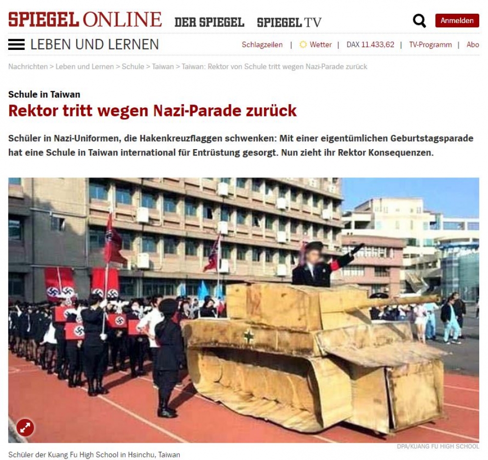 新竹光復高中扮納粹，引起國際媒體注意，甚至在德國也被最大的主流媒體鏡報Spiegel報導。（翻攝自Spiegel）