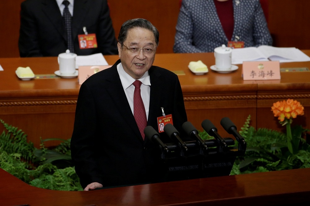 全國政協主席俞正聲作為大會代表發表工作報告，重申堅決反對任何台獨勢力及活動。（湯森路透）
