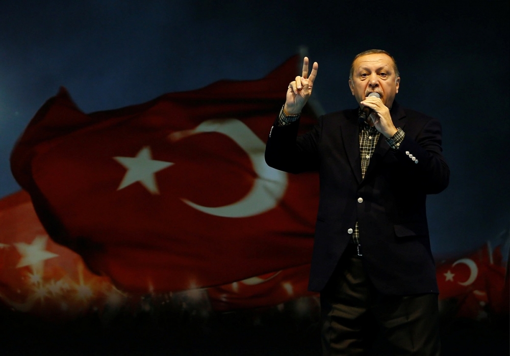 土耳其總統艾爾多安5日於宣傳活動中。（湯森路透）