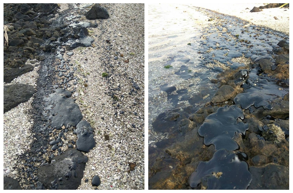 綠島居民俞明宏在臉書貼文表示綠島海岸線疑遭黑色重油污染，污染範圍從中寮漁港至綠島人權紀念公園，長達8公里的沿岸。（翻攝自俞明宏臉書）