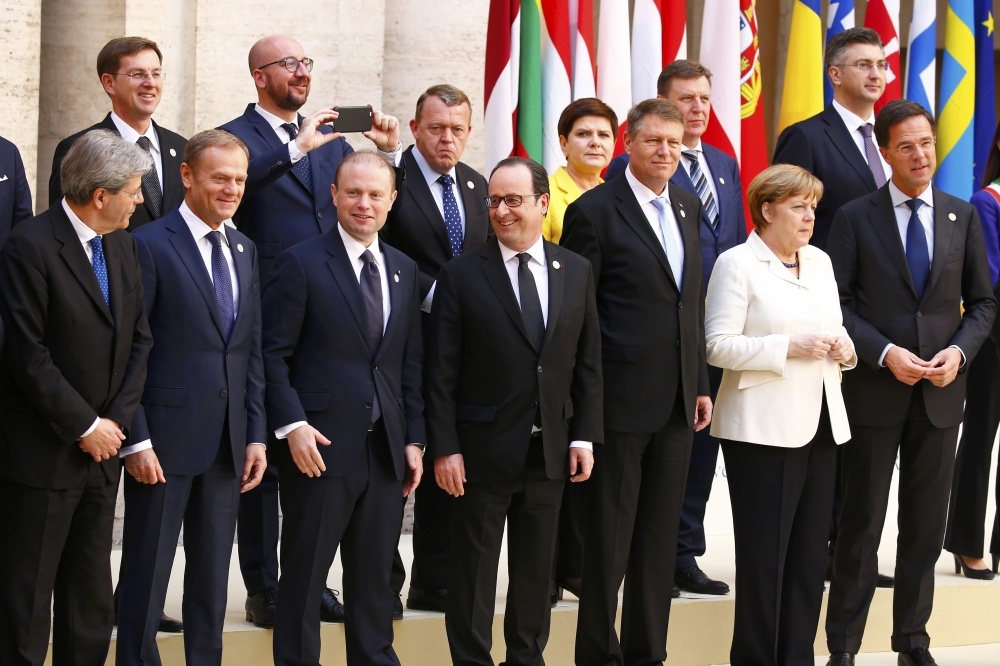 歐盟各國領袖25日齊聚羅馬，紀念奠定歐盟基礎的《羅馬條約》簽訂一甲子。（湯森路透）