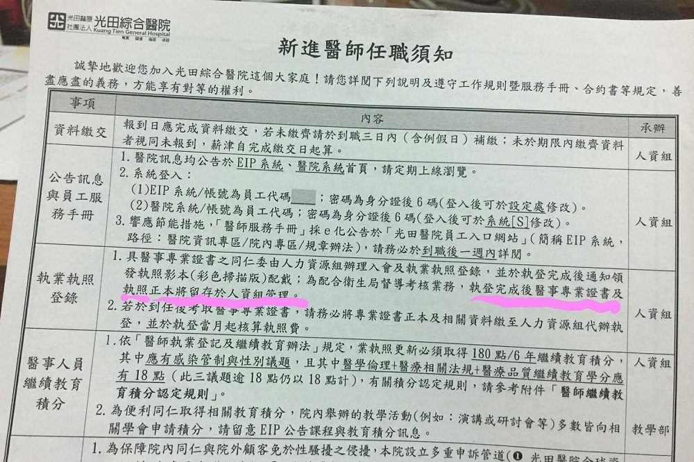 醫勞盟12日爆料，指出光田醫院涉嫌違法扣留新進醫師的醫事專業執照正本。（圖片取自醫勞盟臉書）