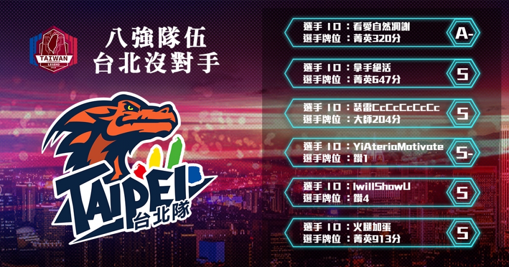 歡迎來到本次的台北賽區八強賽隊伍簡介，這次我們要介紹給大家的隊伍是：台北沒對手。