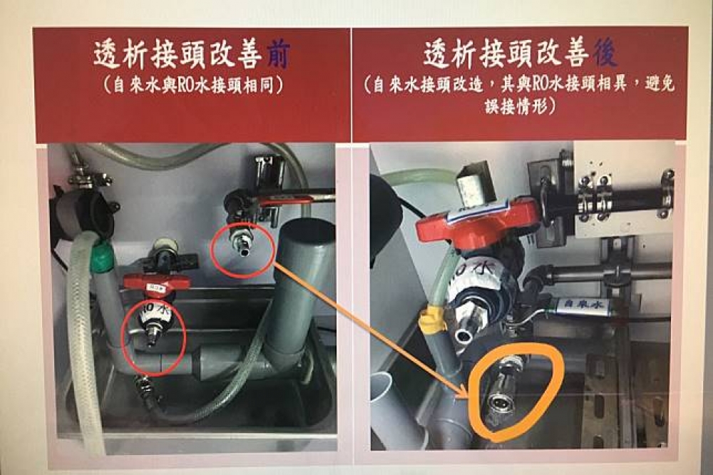 中國附醫日前被爆料早在2月就發生洗腎機接錯管線事件。圖為台大洗腎機透析接口，在5月出事後改善的示意圖。（台大提供）