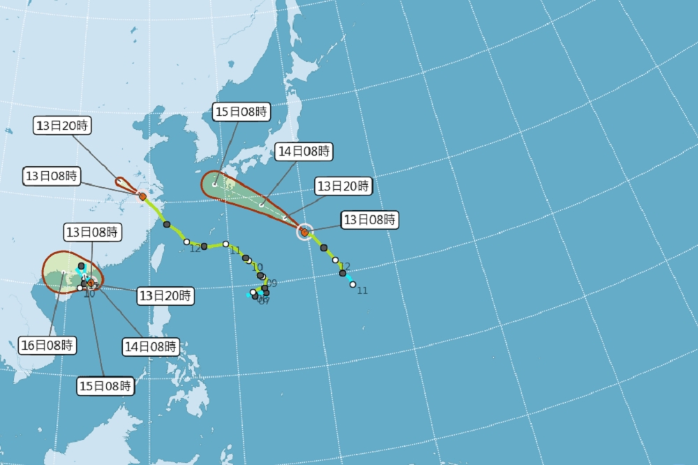 目前東亞地區出現3個颱風，未來一周中南部地區要留意局部大雨、豪雨，其它地區則要注意局部短暫陣雨及雷雨。（圖片取自中央氣象局）