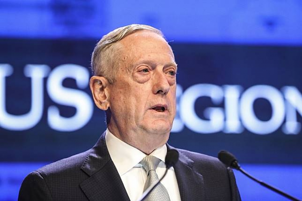 美國國防部長馬蒂斯2日出席在新加坡舉辦的「香格里拉對話」。（美聯社）