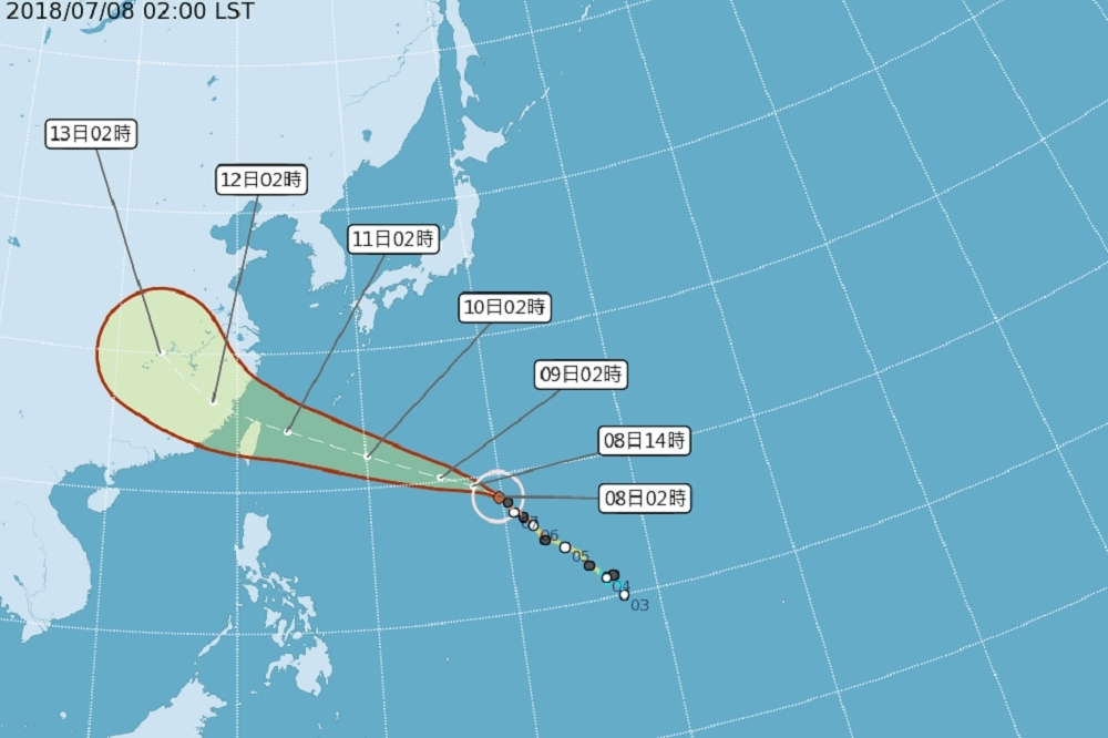 今年第8號颱風瑪莉亞，在7日晚間增強為強颱，預計在9日晚間發布海上颱風警報，10日發布陸上颱風警報。（圖片取自中央氣象局）