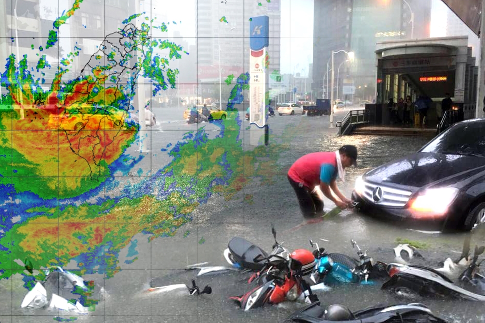 熱帶性低氣壓造成南台灣豪雨延綿，高雄、屏東、台南多處淹水。（合成照片／中央氣象局、民眾提供）