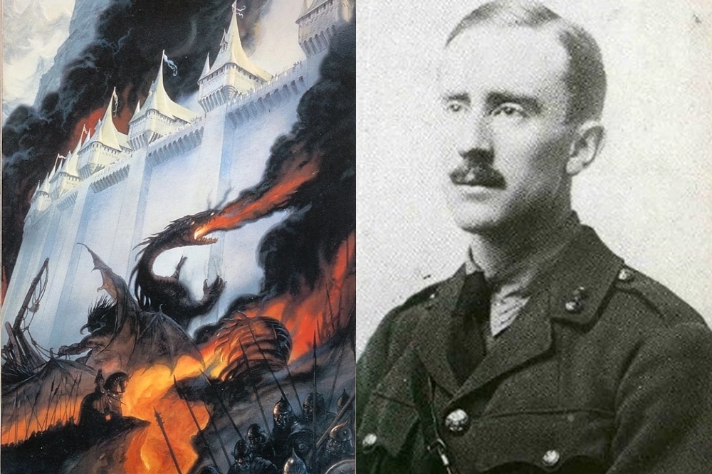 畫家想像的「貢多林的陷落」插圖以及1916年的托爾金（圖片取自LOTR Wikia）