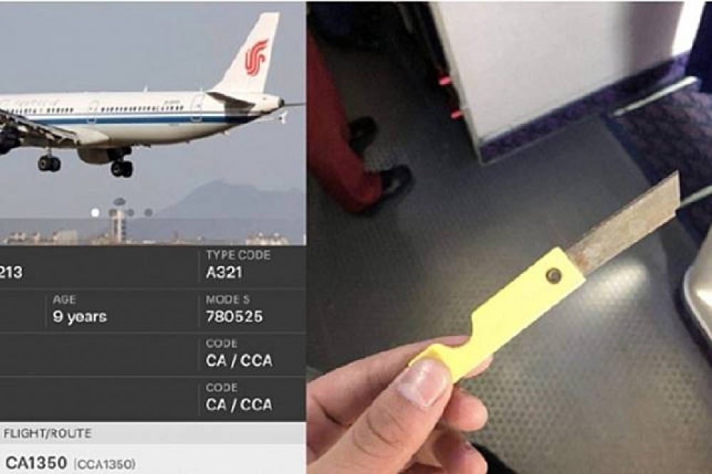 中國國際航空15日上午10時驚傳劫機事件，有網友PO出疑似為嫌犯所用的刀子。（圖片取自微博）