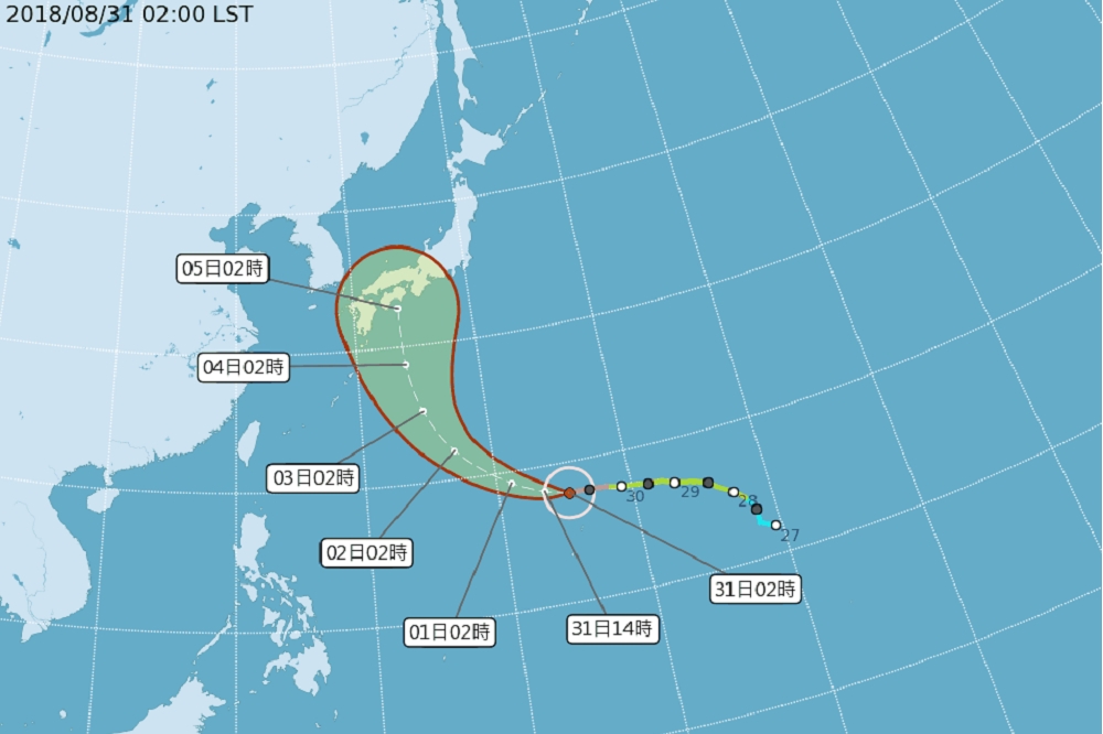 根據最新路徑潛勢預測圖顯示，颱風「燕子」逐漸北轉。（圖片取自氣象局）