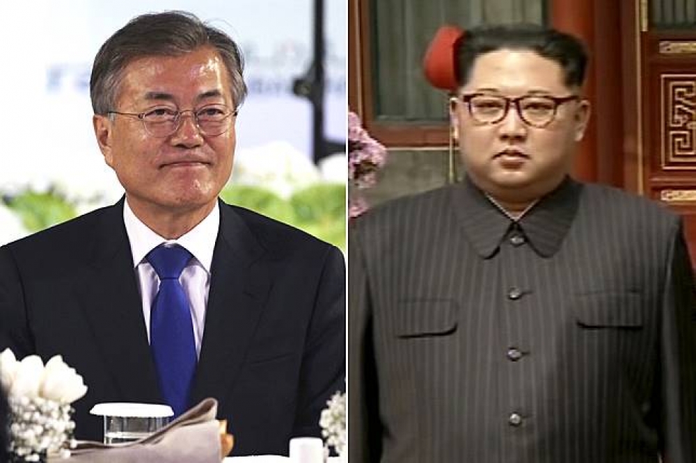南韓總統文在寅（左）與北韓最高領導人金正恩（右）於4月27日板門店會面。（合成照片）