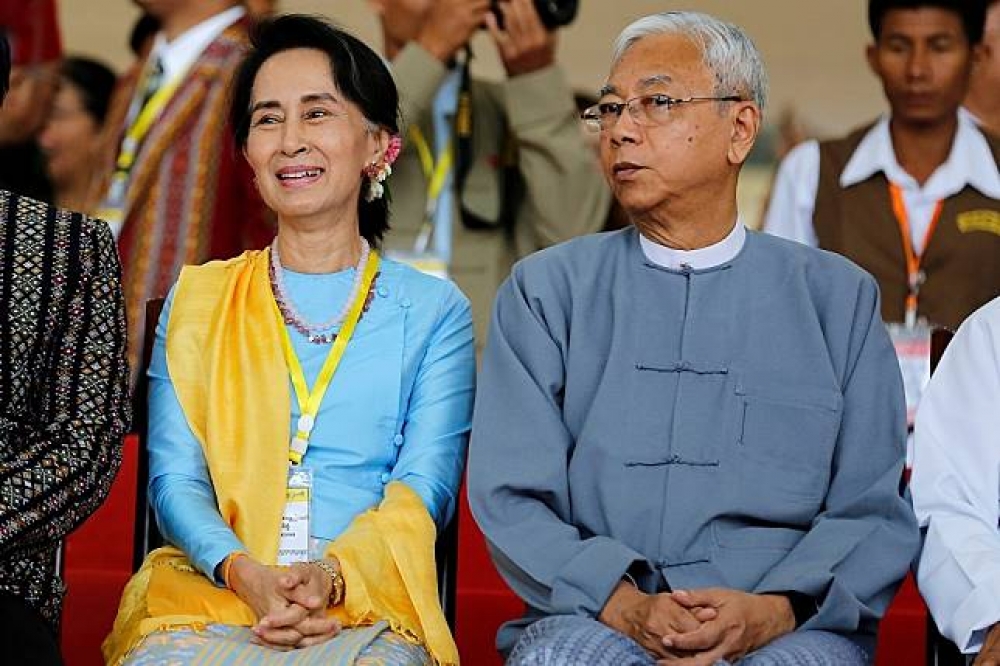緬甸實質領袖翁山蘇姬提名的首位民選總統吳廷覺宣布請辭。（湯森路透）