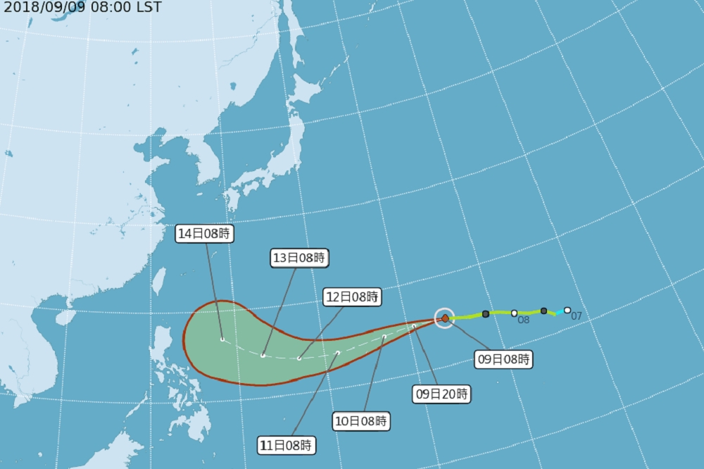 根據氣象局預測，山竹颱風預計在16日前後接近台灣，不排除會增強到強烈颱風。（圖片取自中央氣象局）
