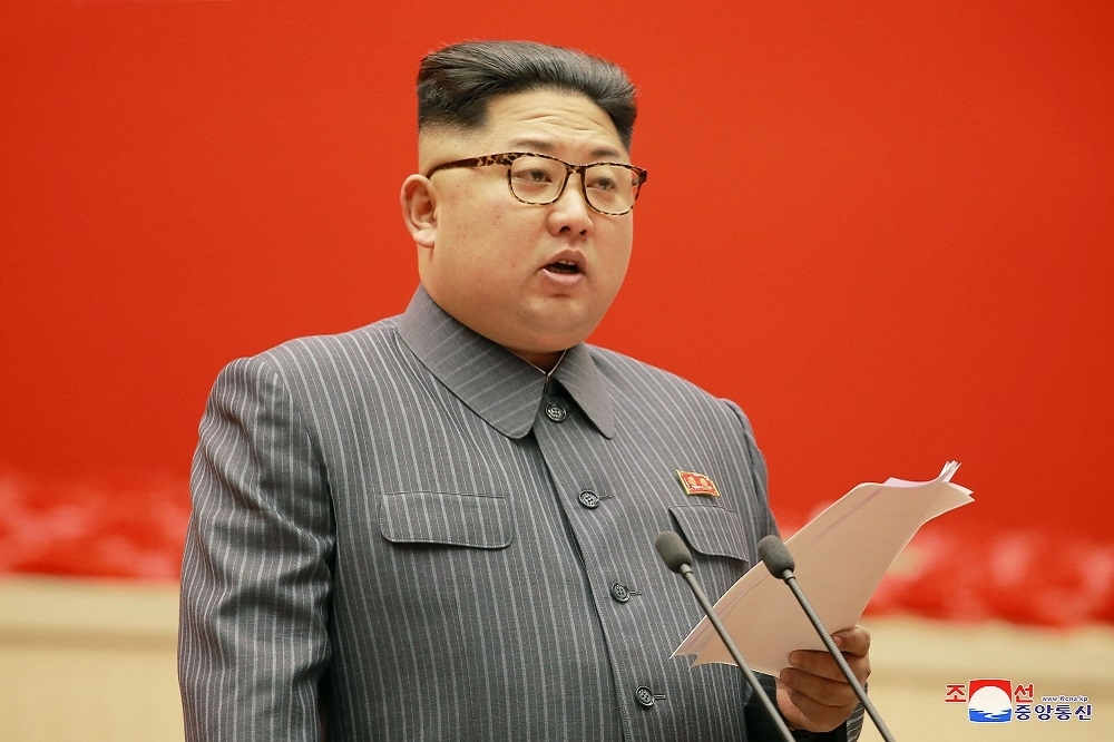 金正恩在「第5屆朝鮮勞動黨大會」發表演說。（湯森路透）