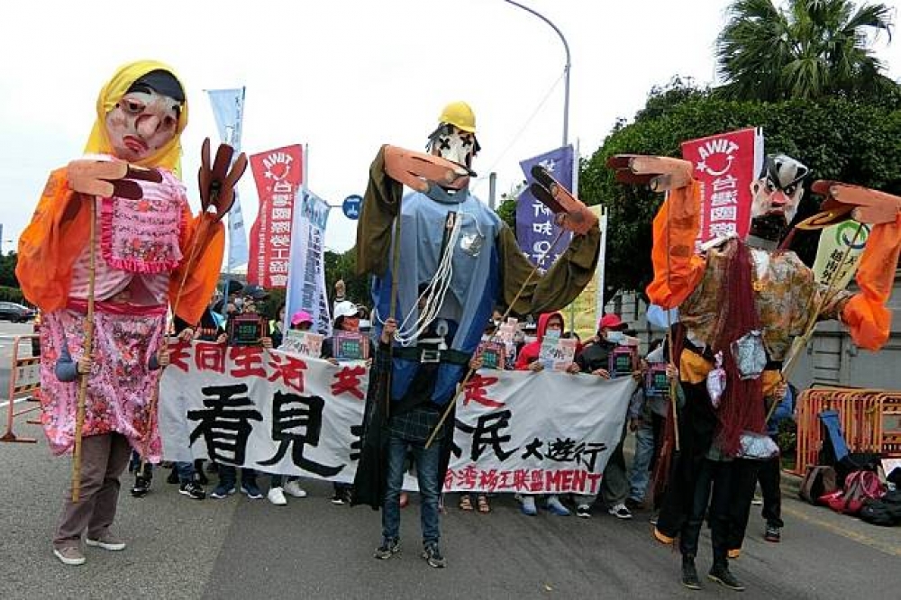 台灣移工聯盟27日在凱道舉行「看見非公民記者會」，要求政府重視移工勞權。（攝影：林欣慧）