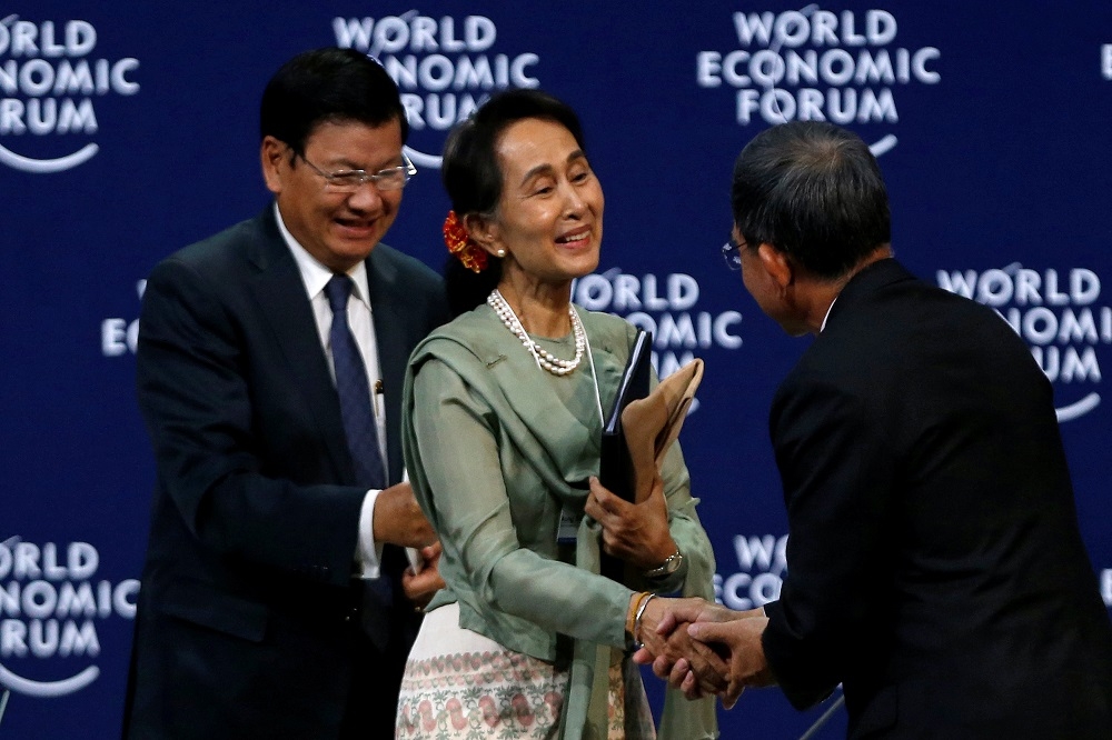 緬甸實質領導人翁山蘇姬13日出席越南2018年「世界經濟論壇東協峰會」。（湯森路透）