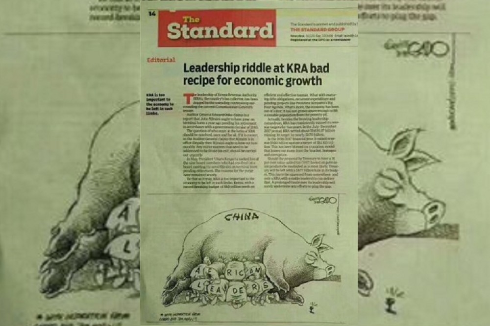 肯亞一份報紙刊登一幅諷刺性插畫，畫面上是一頭母豬腹部趴著10個「AFRICAN LEADERS（非洲領袖們）」，正在爭相吸吮母豬（China）的乳汁。（圖片擷取自肯亞The Standard報）