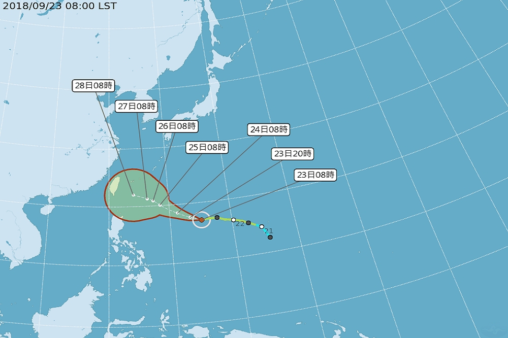 潭美颱風23日已轉為中度颱風，至於惠不會直撲台灣，周二（25日）潭美北轉程度將是關鍵。（圖片取自於中央氣象局）