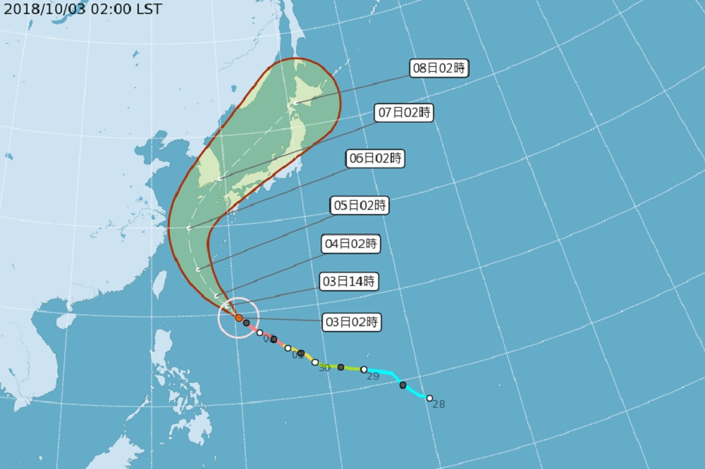 目前第25號颱風「康芮」正緩慢向西北移動，預估在4日、5日時最接進台灣，到時北部及東半部將有明顯風雨。（中央氣象局提供）