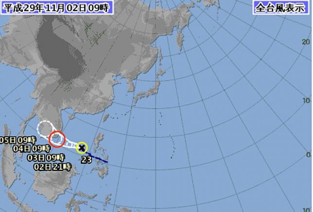 2日上午８點左右，今年第23號颱風「丹瑞」形成，對台影響不大。（圖片取自日本氣象廳）