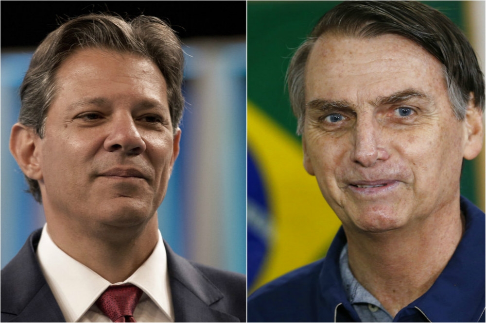 將於28日第二輪大選中決勝負的2名巴西總統候選人：工黨的阿達（左）以及社會自由黨的博索納羅。（美聯社）
