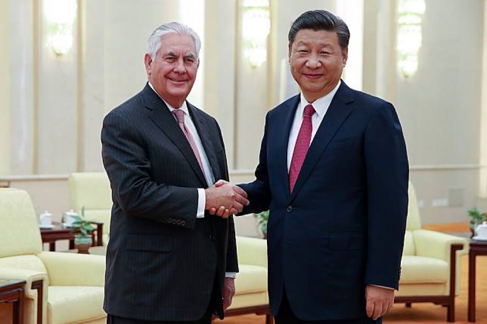 美國國務卿提勒森與中國領導人習近平30日舉行會談。（湯森路透）